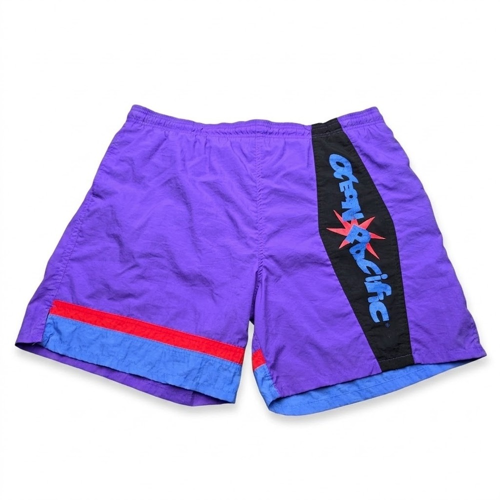 Vintage Ocean Pacific Mens Purple Swim Trunks 90s Surf Colorblock Shorts Sz L